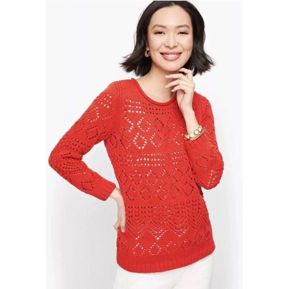 Talbots Womens XS Sweater Pointelle‎ Knit Long Sleeve Pullover Cotton Blend Red